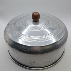 Vtg Aluminum Cake Taker Cover Silver Wood Knob 50's 10in Farmhouse Cottagecore